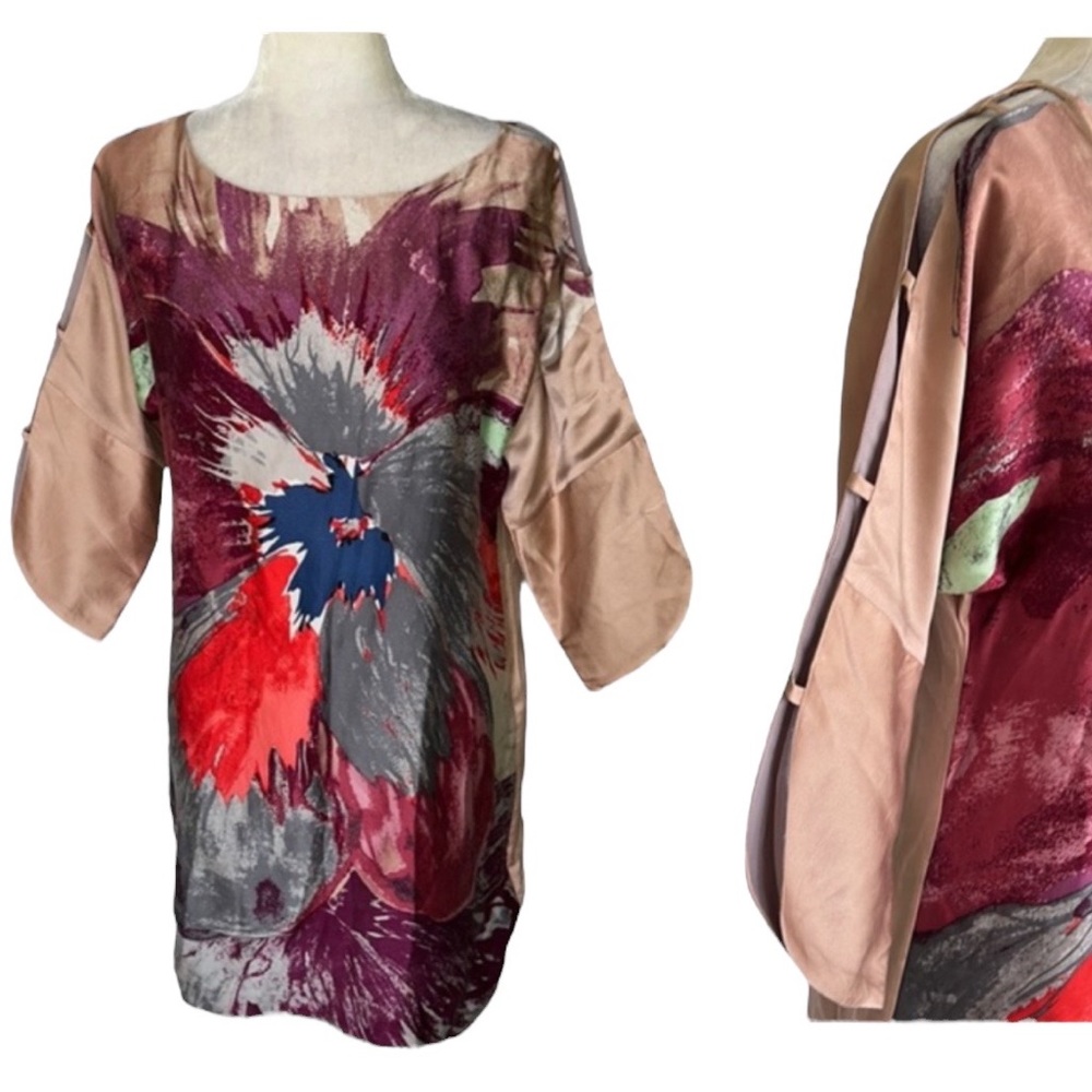 Tibi Silk Abstract Floral Cutout Kimono Sleeve Tunic Column Mini Dress - 2
